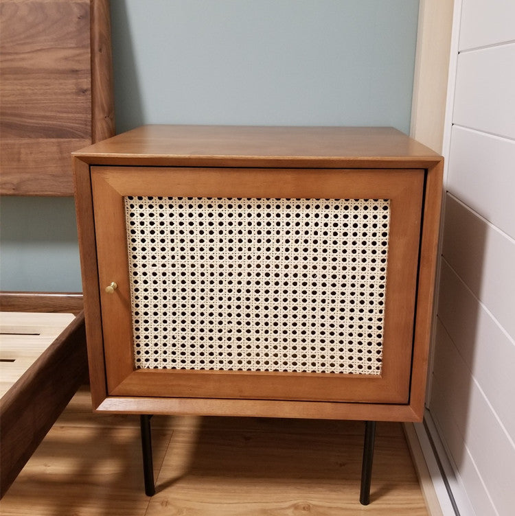 Traditional Chinese Solid Wood Rattan Square Cylinder Nightstand With 1-Storage For Bedroom