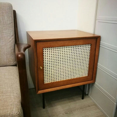 Traditional Chinese Solid Wood Rattan Square Cylinder Nightstand With 1-Storage For Bedroom