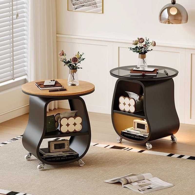 Contemporary Creative Glass Solid Wood Iron Irregular Oval Mobile Side Table 3-Tier For Living Room