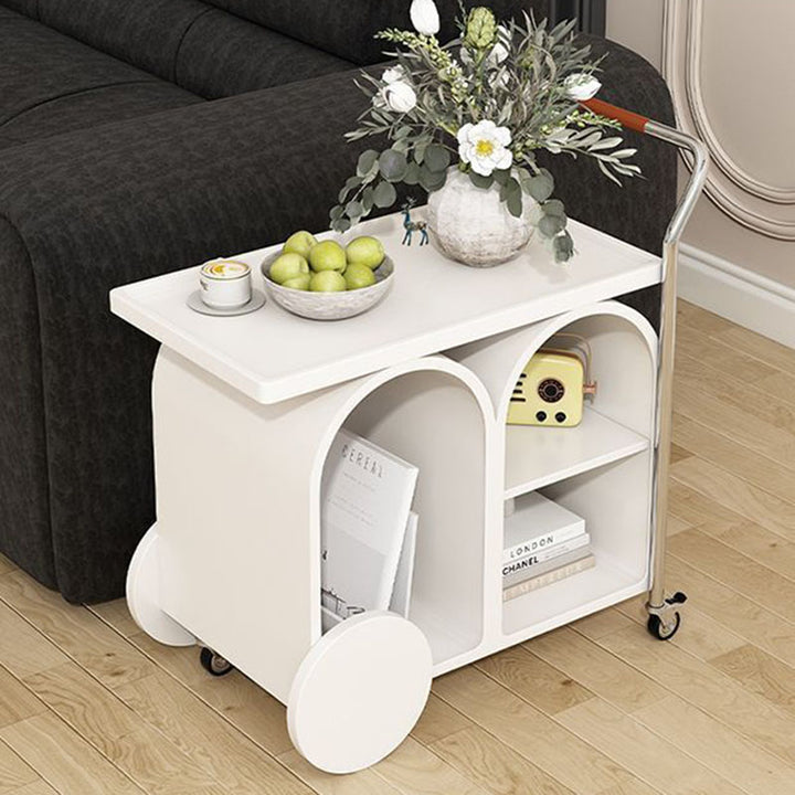 Zeitgenössischer kreativer Holztisch aus Edelstahl, mobiler, gebogener, rechteckiger Beistelltisch mit 3 Ebenen für das Wohnzimmer 