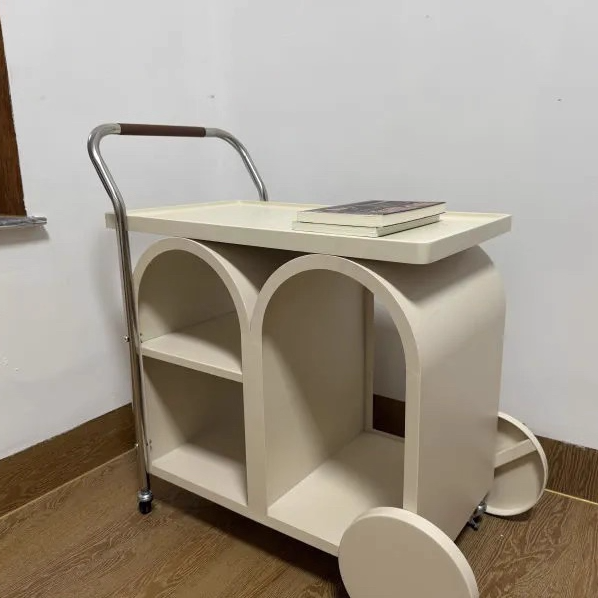 Contemporary Creative Wood Board Stainless Steel Mobile Curved Rectangular Side Table 3-Tier For Living Room