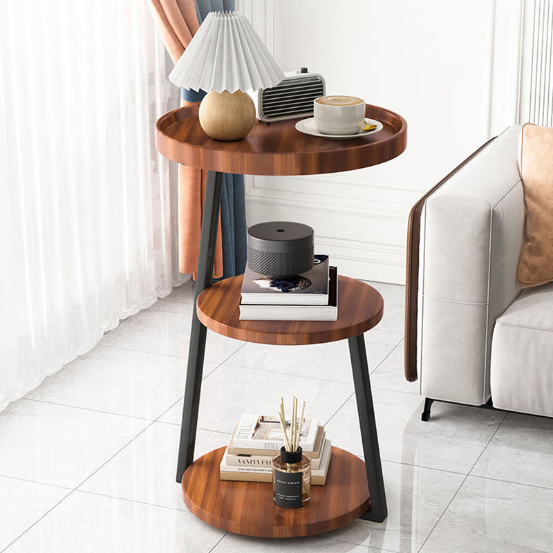 Contemporary Scandinavian Wood Panel Metal Round End Table 3-Tier For Living Room