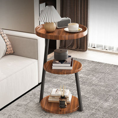 Contemporary Scandinavian Wood Panel Metal Round End Table 3-Tier For Living Room