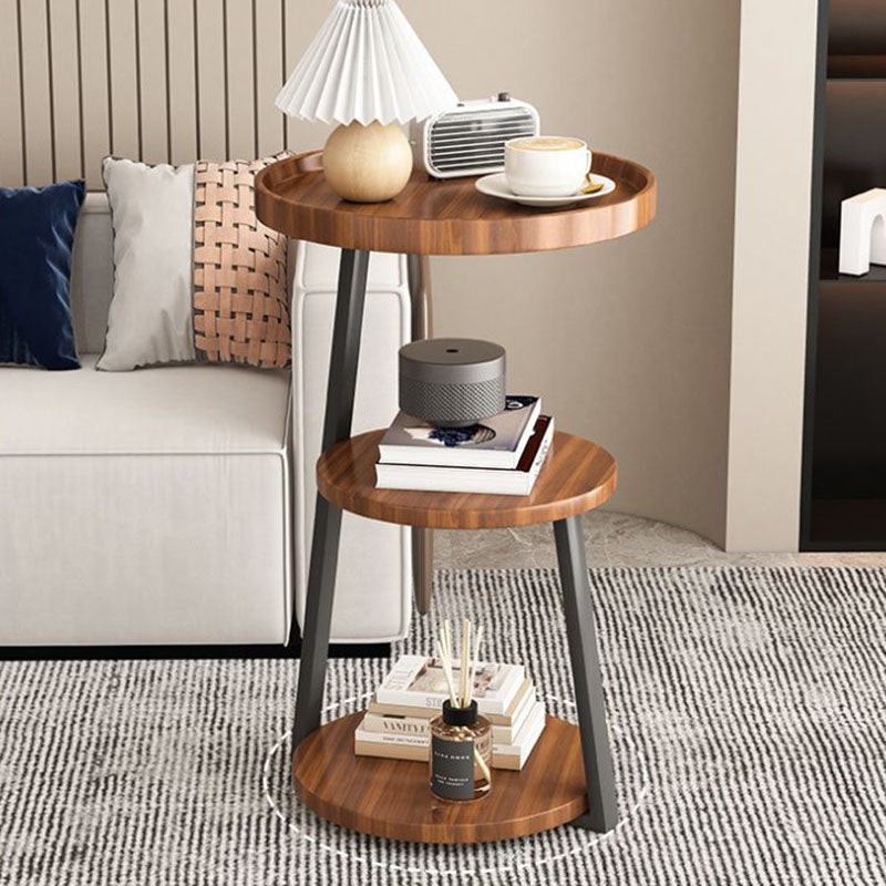 Contemporary Scandinavian Wood Panel Metal Round End Table 3-Tier For Living Room