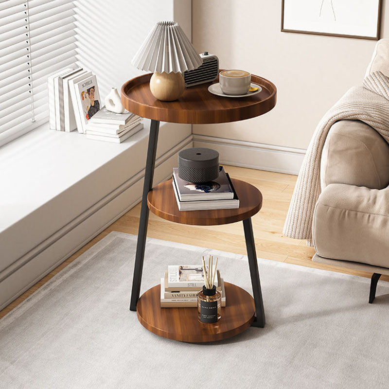 Contemporary Scandinavian Wood Panel Metal Round End Table 3-Tier For Living Room