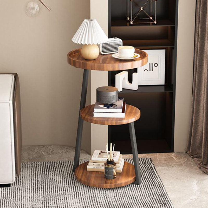 Contemporary Scandinavian Wood Panel Metal Round End Table 3-Tier For Living Room