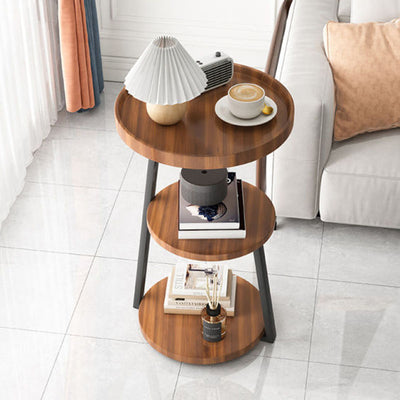 Contemporary Scandinavian Wood Panel Metal Round End Table 3-Tier For Living Room