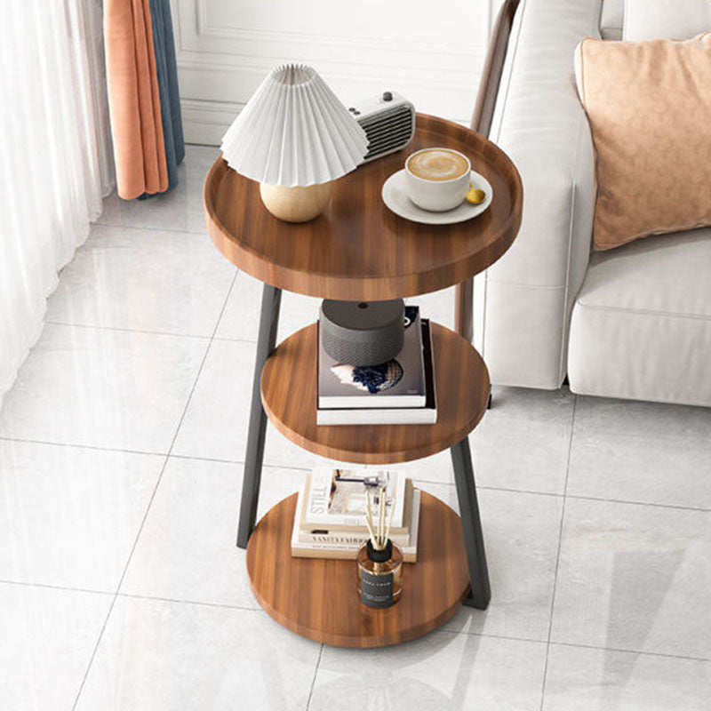 Contemporary Scandinavian Wood Panel Metal Round End Table 3-Tier For Living Room