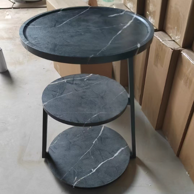 Contemporary Scandinavian Wood Panel Metal Round End Table 3-Tier For Living Room