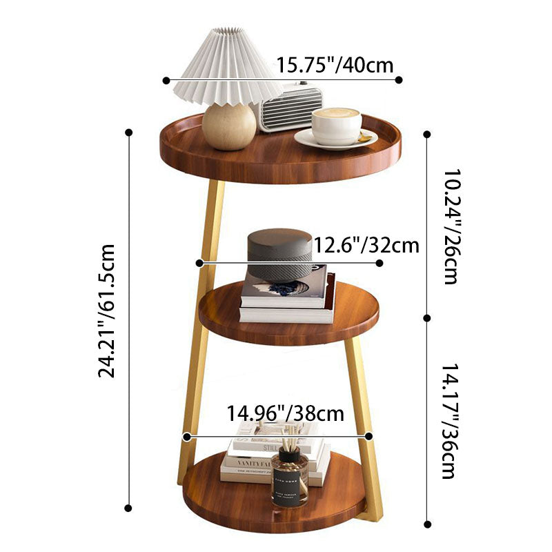 Contemporary Scandinavian Wood Panel Metal Round End Table 3-Tier For Living Room