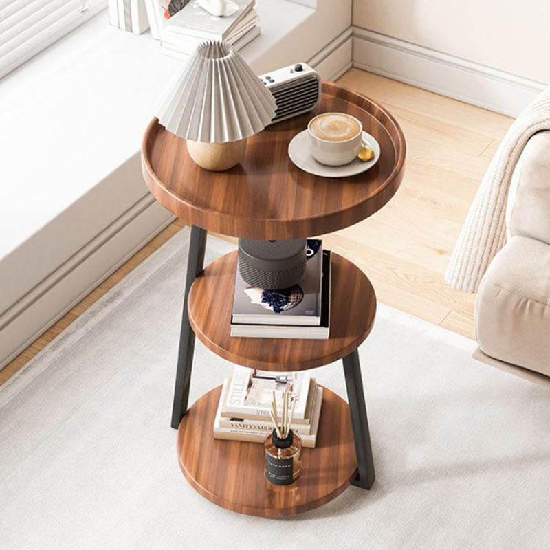Contemporary Scandinavian Wood Panel Metal Round End Table 3-Tier For Living Room