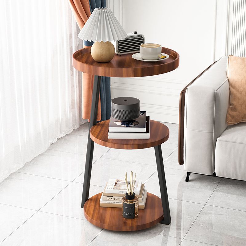 Contemporary Scandinavian Wood Panel Metal Round End Table 3-Tier For Living Room