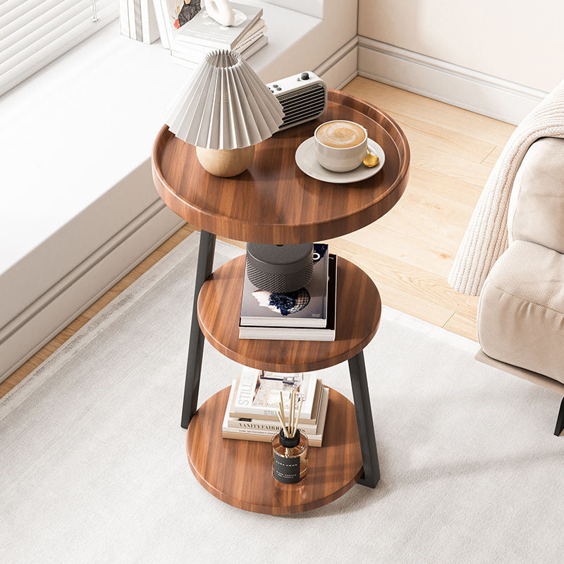 Contemporary Scandinavian Wood Panel Metal Round End Table 3-Tier For Living Room