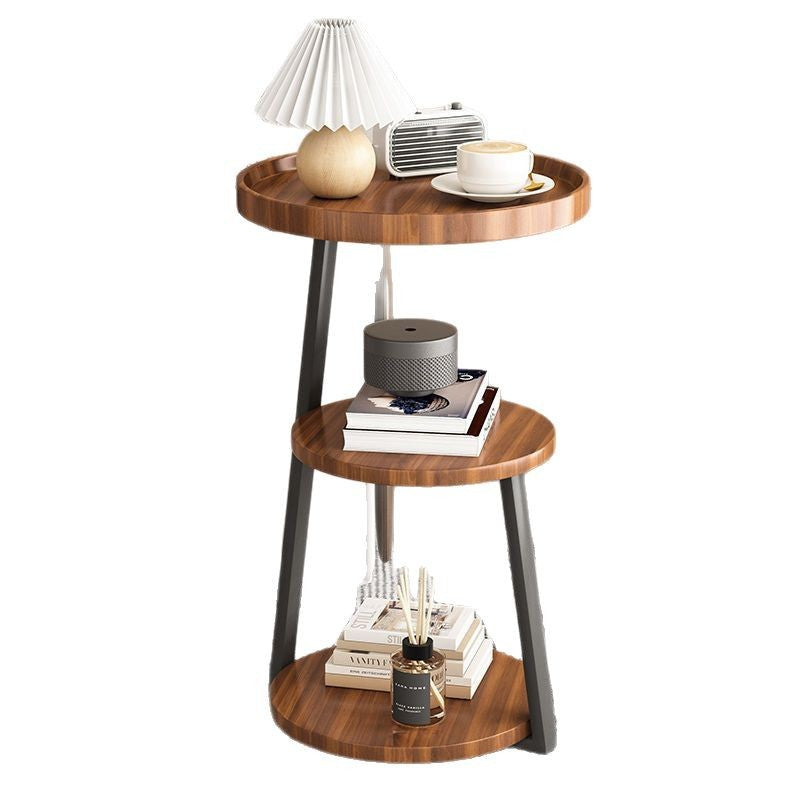 Contemporary Scandinavian Wood Panel Metal Round End Table 3-Tier For Living Room