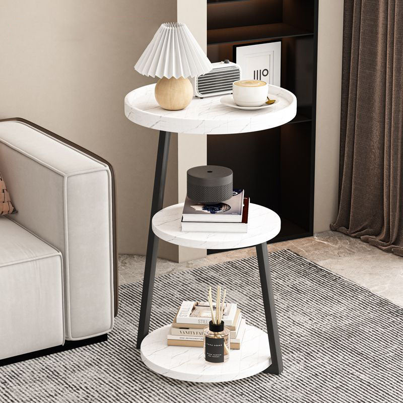 Contemporary Scandinavian Wood Panel Metal Round End Table 3-Tier For Living Room