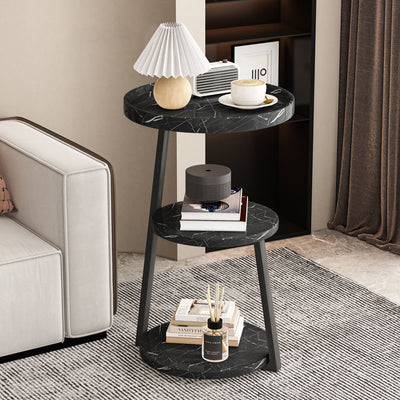 Contemporary Scandinavian Wood Panel Metal Round End Table 3-Tier For Living Room