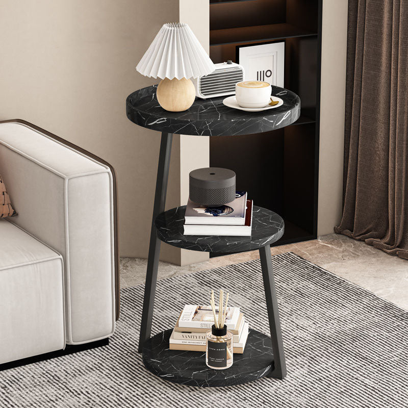 Contemporary Scandinavian Wood Panel Metal Round End Table 3-Tier For Living Room