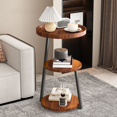 Contemporary Scandinavian Wood Panel Metal Round End Table 3-Tier For Living Room