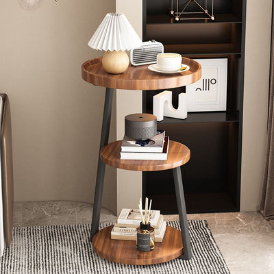 Contemporary Scandinavian Wood Panel Metal Round End Table 3-Tier For Living Room
