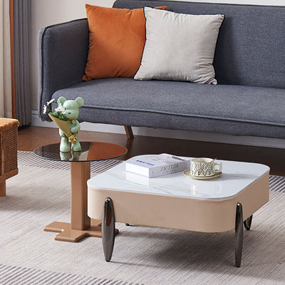 Contemporary Scandinavian Carbon Steel Sintered Stone Tempered Glass Faux Leather Round Square Side Table 1-Tier For Living Room