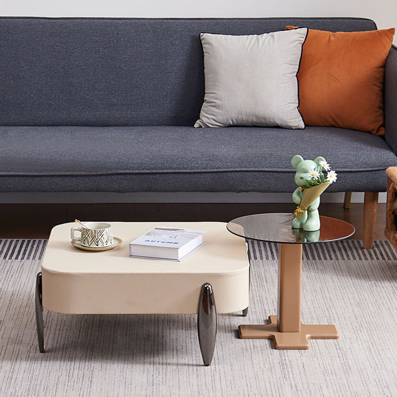 Contemporary Scandinavian Carbon Steel Sintered Stone Tempered Glass Faux Leather Round Square Side Table 1-Tier For Living Room