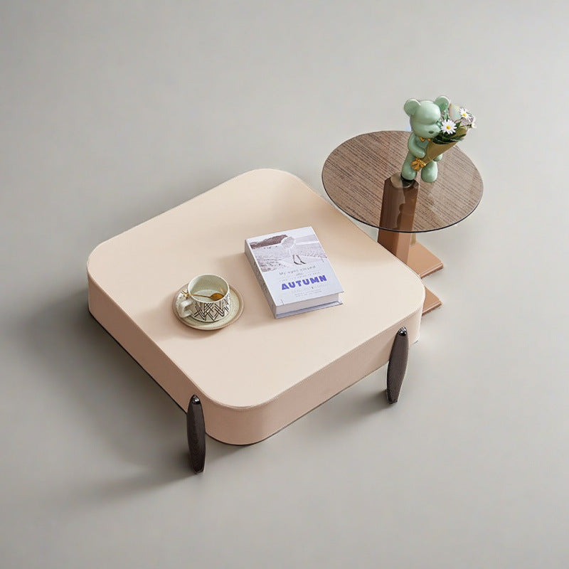 Contemporary Scandinavian Carbon Steel Sintered Stone Tempered Glass Faux Leather Round Square Side Table 1-Tier For Living Room