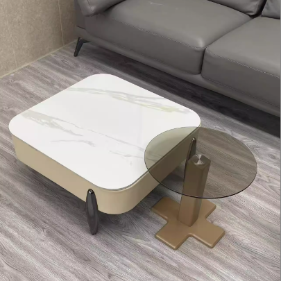 Contemporary Scandinavian Carbon Steel Sintered Stone Tempered Glass Faux Leather Round Square Side Table 1-Tier For Living Room