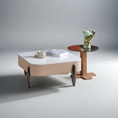 Contemporary Scandinavian Carbon Steel Sintered Stone Tempered Glass Faux Leather Round Square Side Table 1-Tier For Living Room