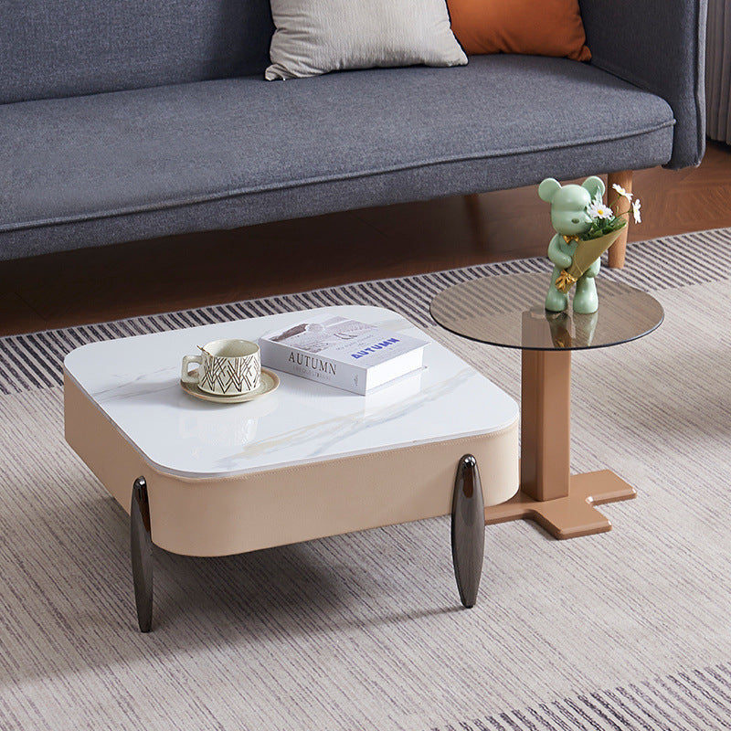 Contemporary Scandinavian Carbon Steel Sintered Stone Tempered Glass Faux Leather Round Square Side Table 1-Tier For Living Room