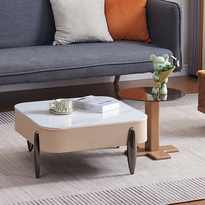 Contemporary Scandinavian Carbon Steel Sintered Stone Tempered Glass Faux Leather Round Square Side Table 1-Tier For Living Room