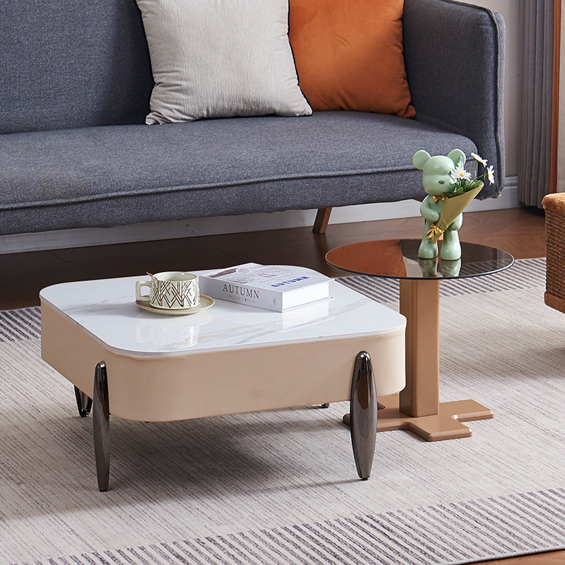 Contemporary Scandinavian Carbon Steel Sintered Stone Tempered Glass Faux Leather Round Square Side Table 1-Tier For Living Room