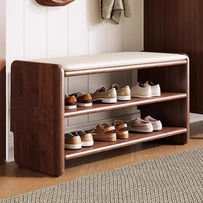 Modern Minimalist Solid Wood PU Leather Rounded Rectangle Shoe Bench 2-Tier For Living Room