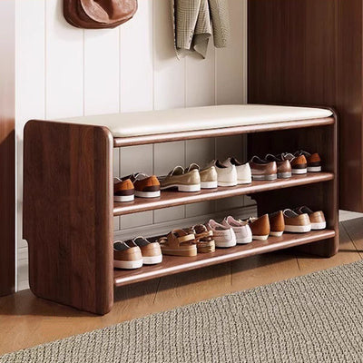 Modern Minimalist Solid Wood PU Leather Rounded Rectangle Shoe Bench 2-Tier For Living Room