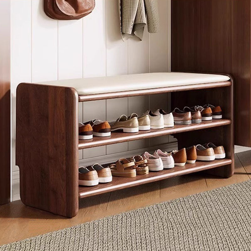 Modern Minimalist Solid Wood PU Leather Rounded Rectangle Shoe Bench 2-Tier For Living Room