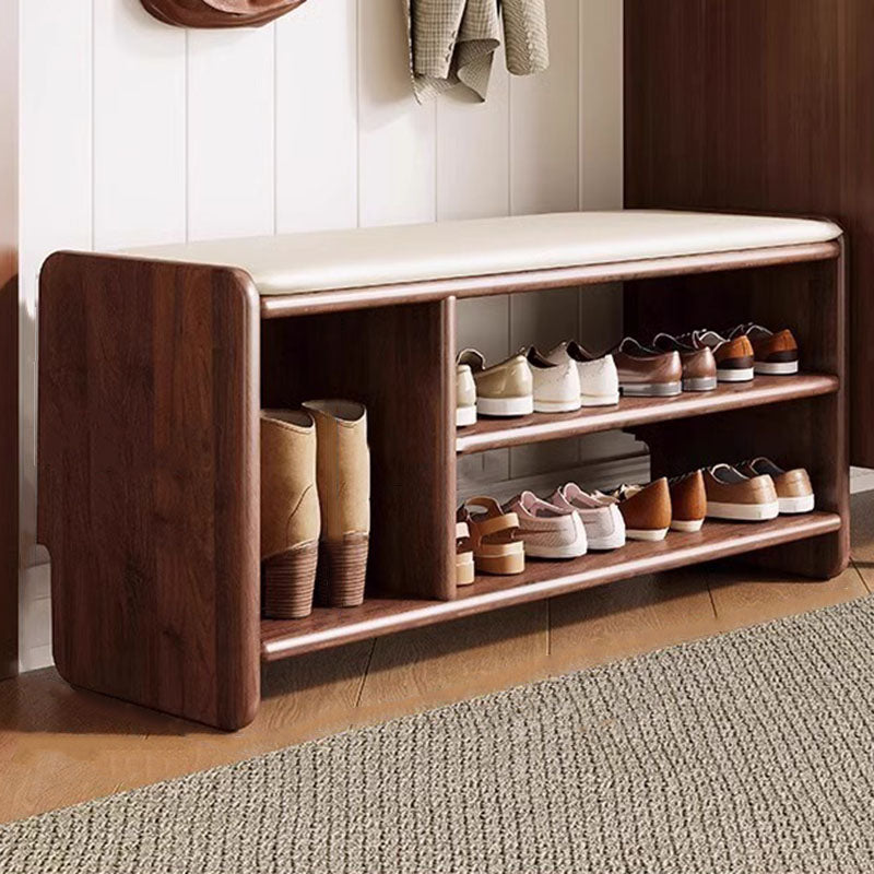 Modern Minimalist Solid Wood PU Leather Rounded Rectangle Shoe Bench 2-Tier For Living Room