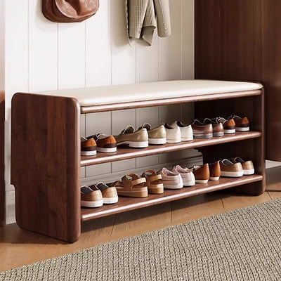 Modern Minimalist Solid Wood PU Leather Rounded Rectangle Shoe Bench 2-Tier For Living Room