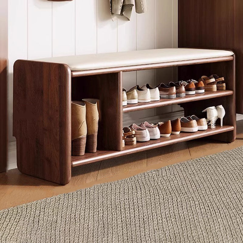 Modern Minimalist Solid Wood PU Leather Rounded Rectangle Shoe Bench 2-Tier For Living Room