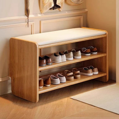 Modern Minimalist Solid Wood PU Leather Rounded Rectangle Shoe Bench 2-Tier For Living Room