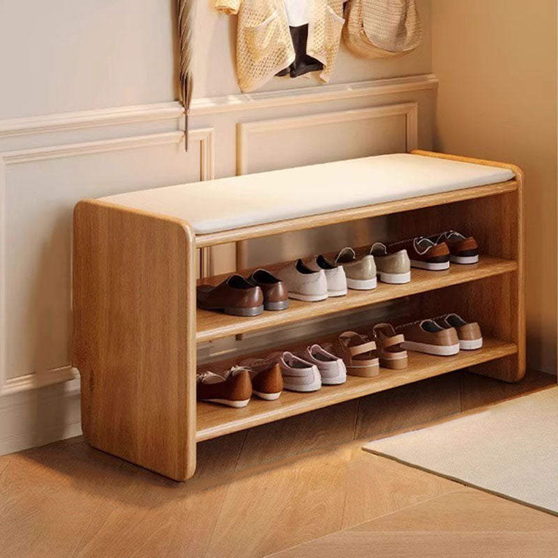 Modern Minimalist Solid Wood PU Leather Rounded Rectangle Shoe Bench 2-Tier For Living Room