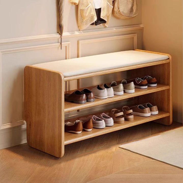 Modern Minimalist Solid Wood PU Leather Rounded Rectangle Shoe Bench 2-Tier For Living Room