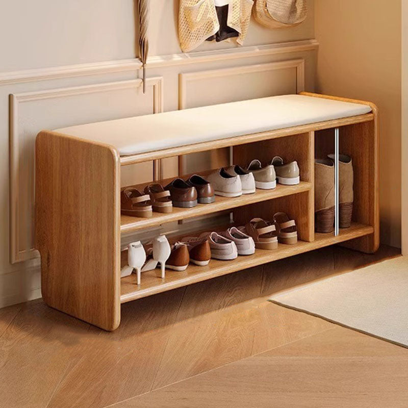 Modern Minimalist Solid Wood PU Leather Rounded Rectangle Shoe Bench 2-Tier For Living Room