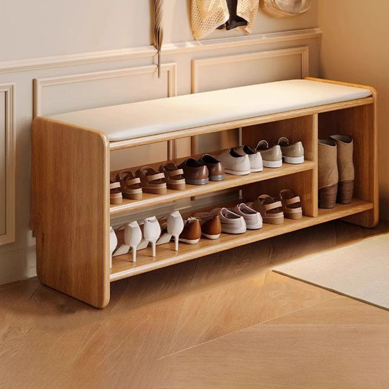 Modern Minimalist Solid Wood PU Leather Rounded Rectangle Shoe Bench 2-Tier For Living Room