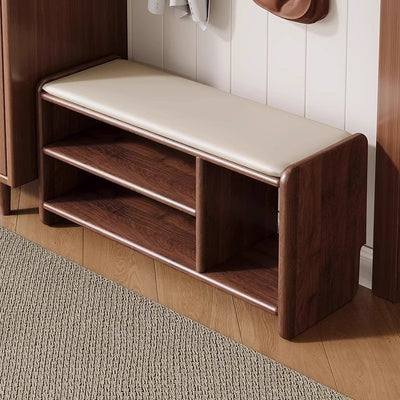 Modern Minimalist Solid Wood PU Leather Rounded Rectangle Shoe Bench 2-Tier For Living Room