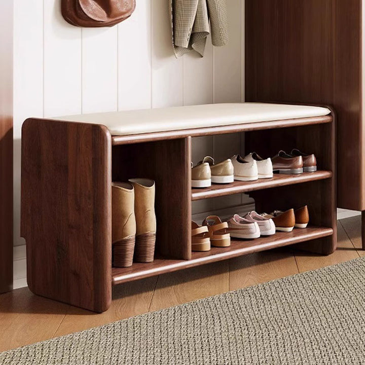Modern Minimalist Solid Wood PU Leather Rounded Rectangle Shoe Bench 2-Tier For Living Room