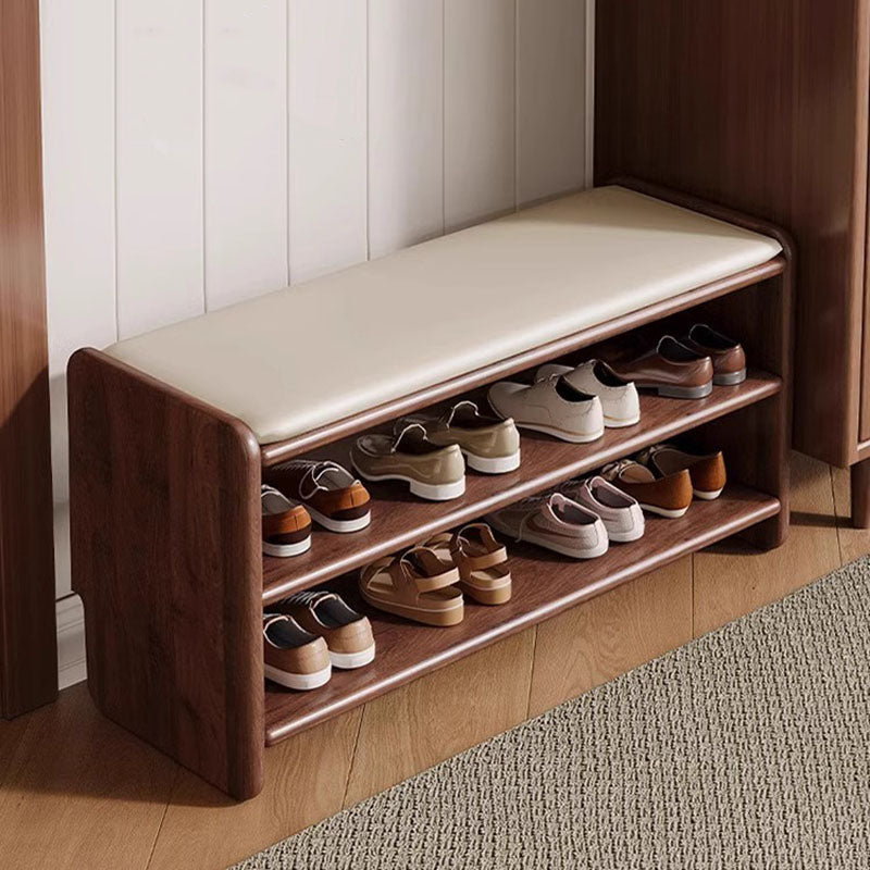 Modern Minimalist Solid Wood PU Leather Rounded Rectangle Shoe Bench 2-Tier For Living Room