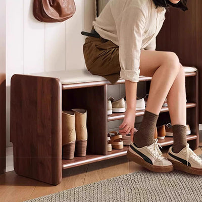 Modern Minimalist Solid Wood PU Leather Rounded Rectangle Shoe Bench 2-Tier For Living Room