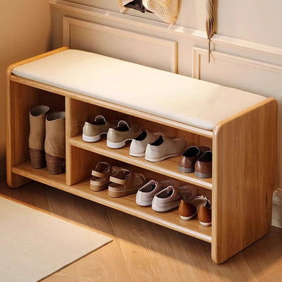 Modern Minimalist Solid Wood PU Leather Rounded Rectangle Shoe Bench 2-Tier For Living Room