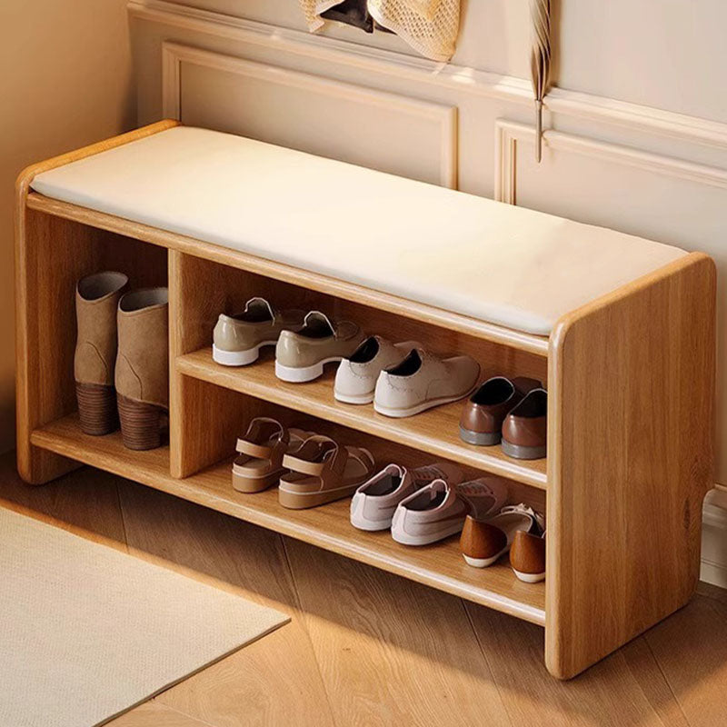 Modern Minimalist Solid Wood PU Leather Rounded Rectangle Shoe Bench 2-Tier For Living Room