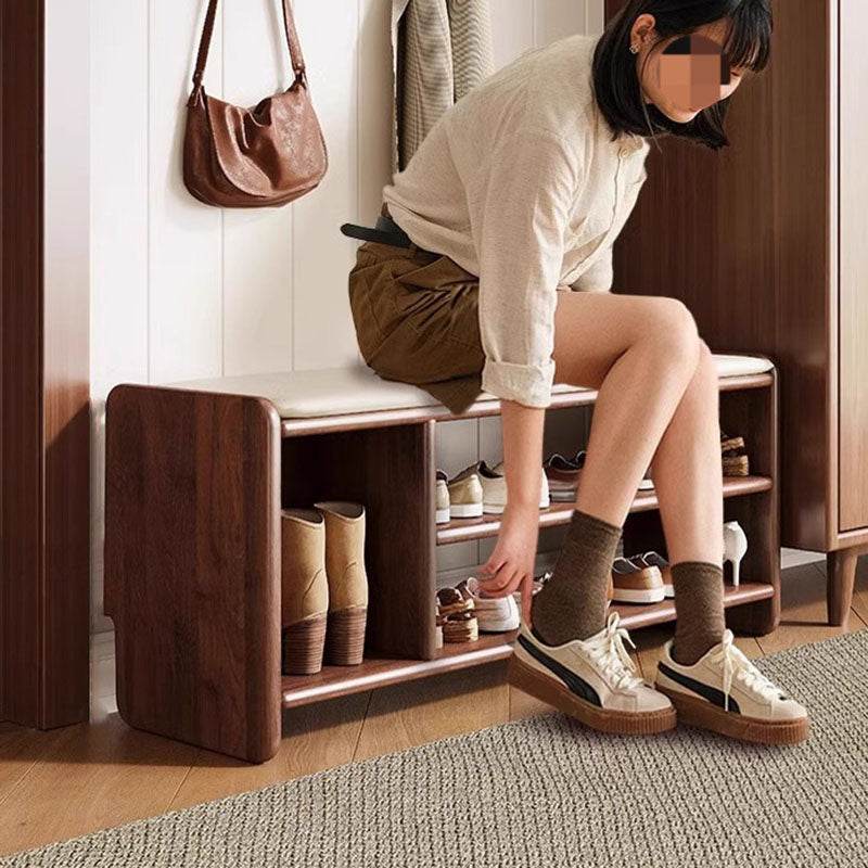 Modern Minimalist Solid Wood PU Leather Rounded Rectangle Shoe Bench 2-Tier For Living Room