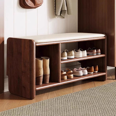 Modern Minimalist Solid Wood PU Leather Rounded Rectangle Shoe Bench 2-Tier For Living Room